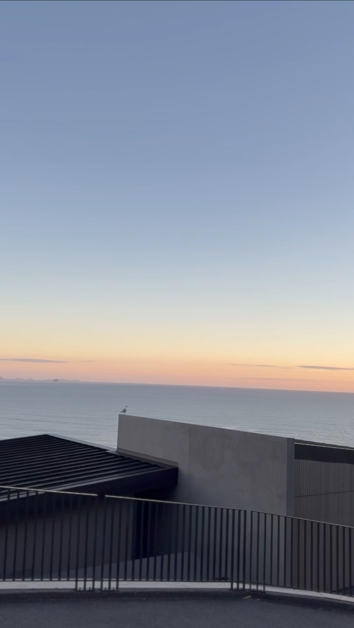 Fantail House by Matt Deeb Architecture: Sunset view over the ocean with a modern concrete and cedar building rooftop and a bird perched on the edge of the roof.