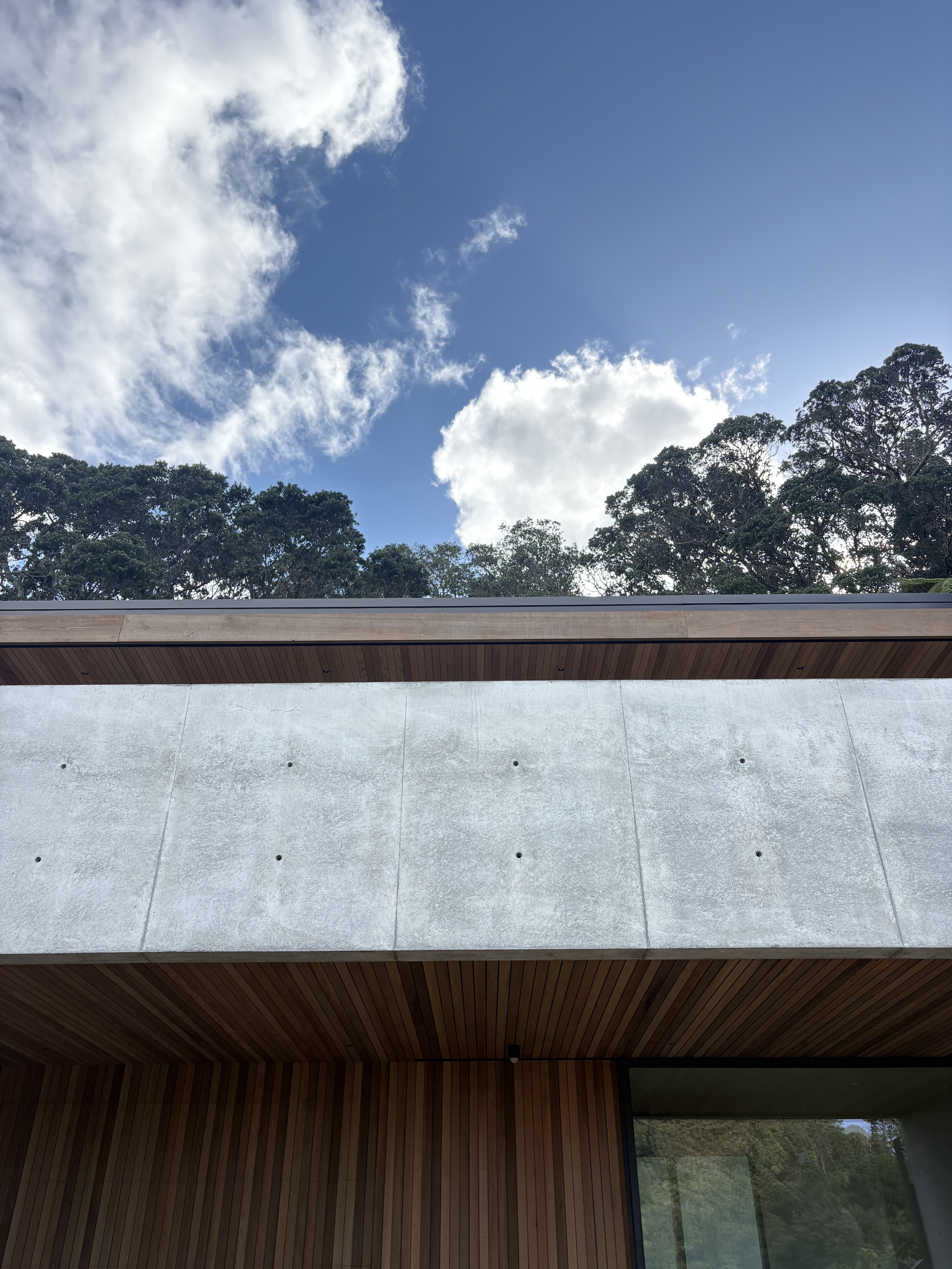 Tirinui House by Matt Deeb Architecture: Modern building facade with vertical wood paneling and smooth concrete under a blue sky with scattered clouds and treetops.