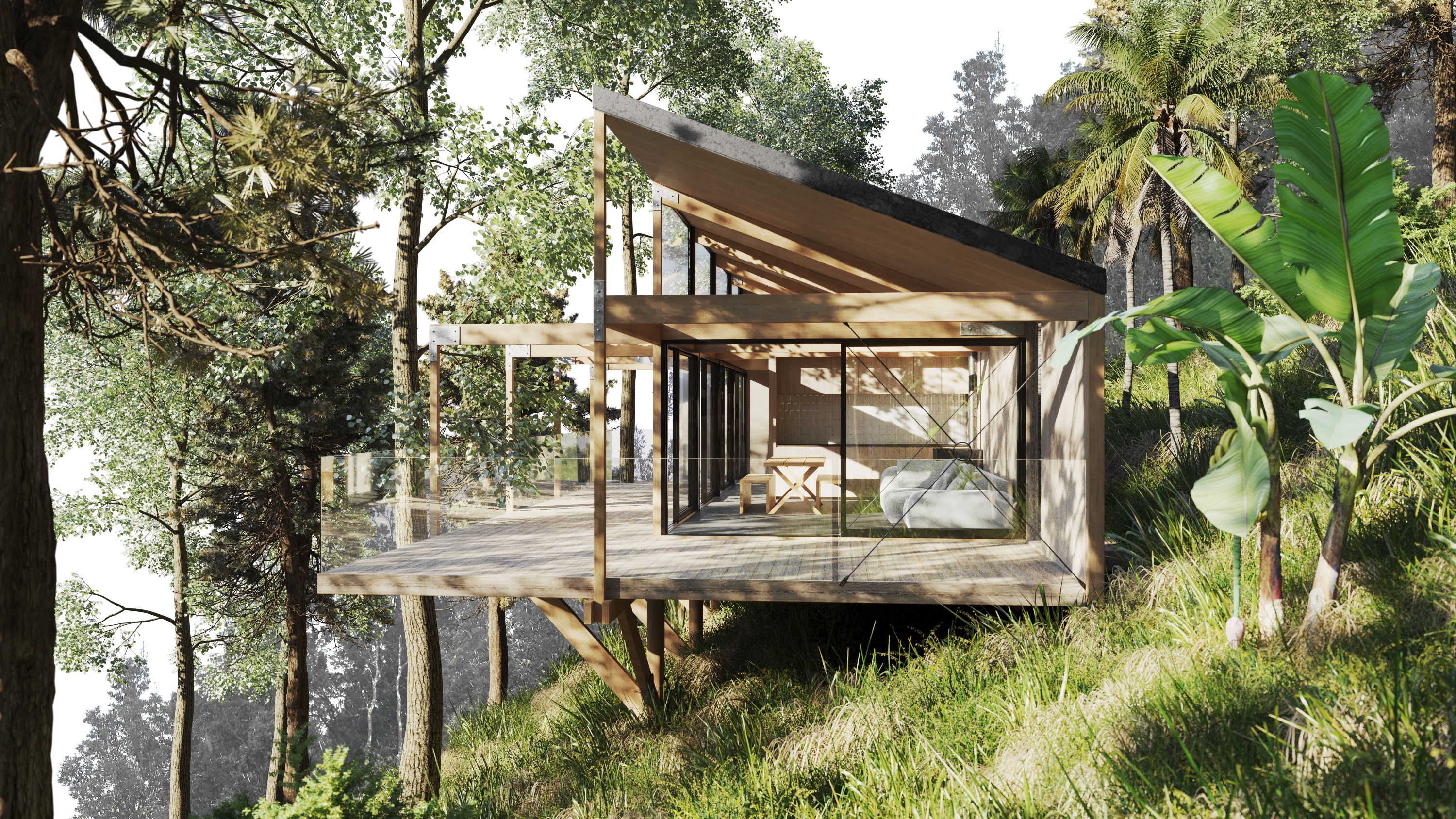Paku Treehouse by Matt Deeb Architecture: Concept modern wooden treehouse with glass walls elevated on stilts surrounded by lush green native New Zealand trees and plants.