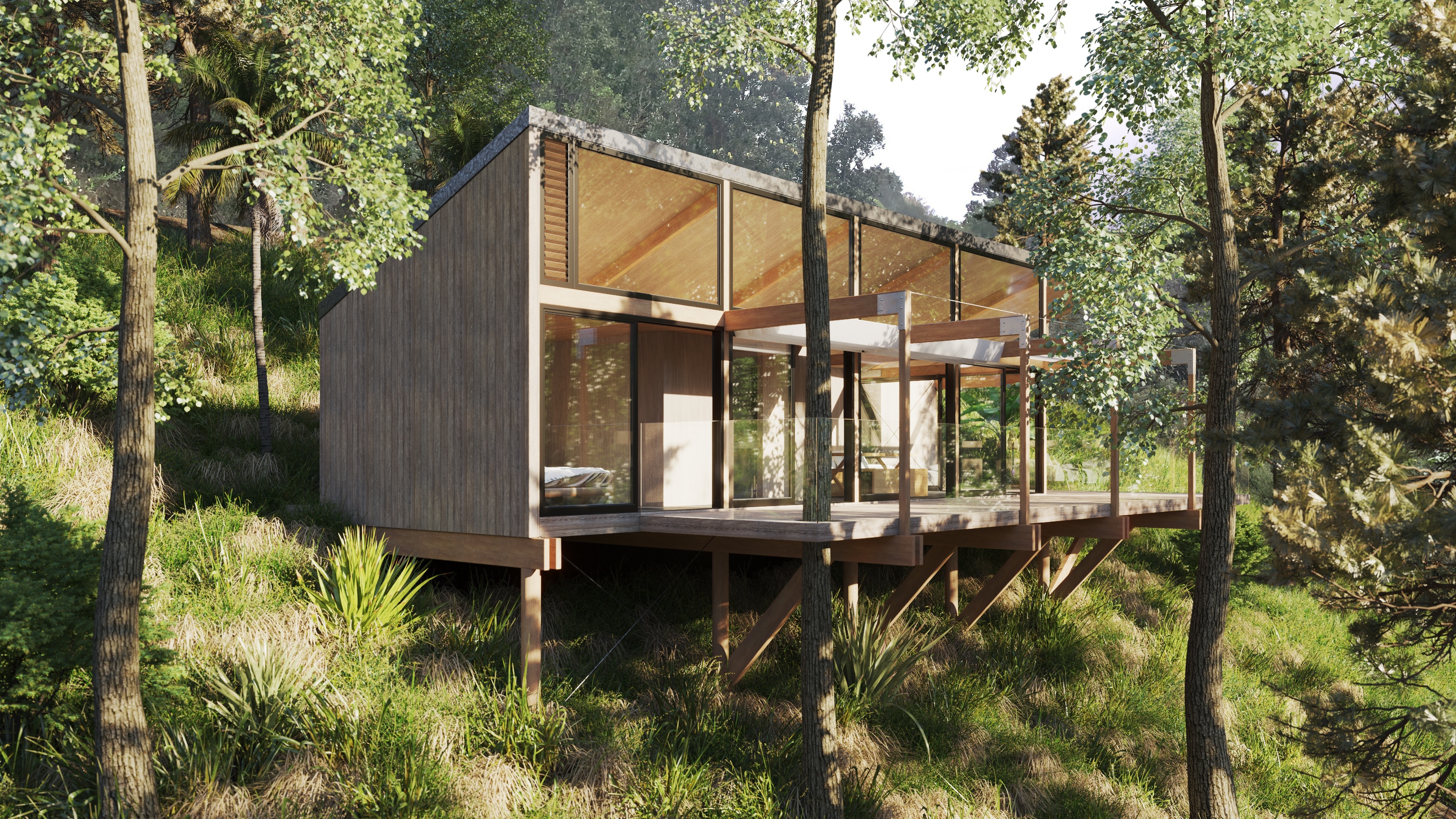 Paku Treehouse by Matt Deeb Architecture: Modern wooden cabin elevated on stilts surrounded by dense green trees and grass on a hillside.