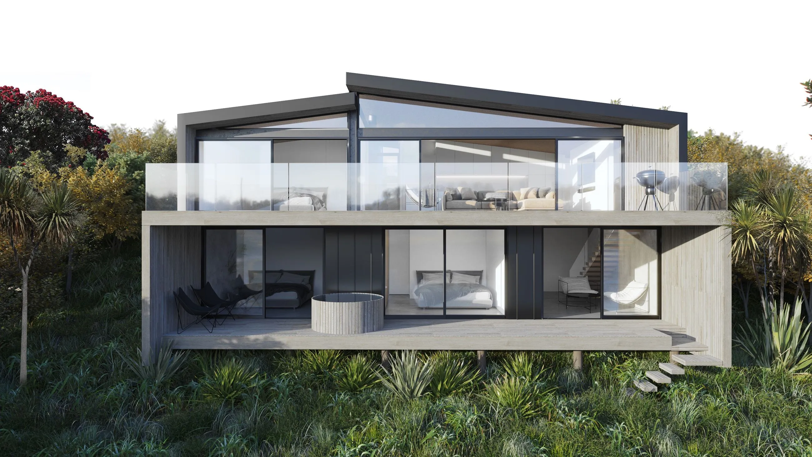 Fantail House  by Matt Deeb Architecture: Concept Modern two-story house with large glass windows, balcony with glass railing, surrounded by lush greenery.