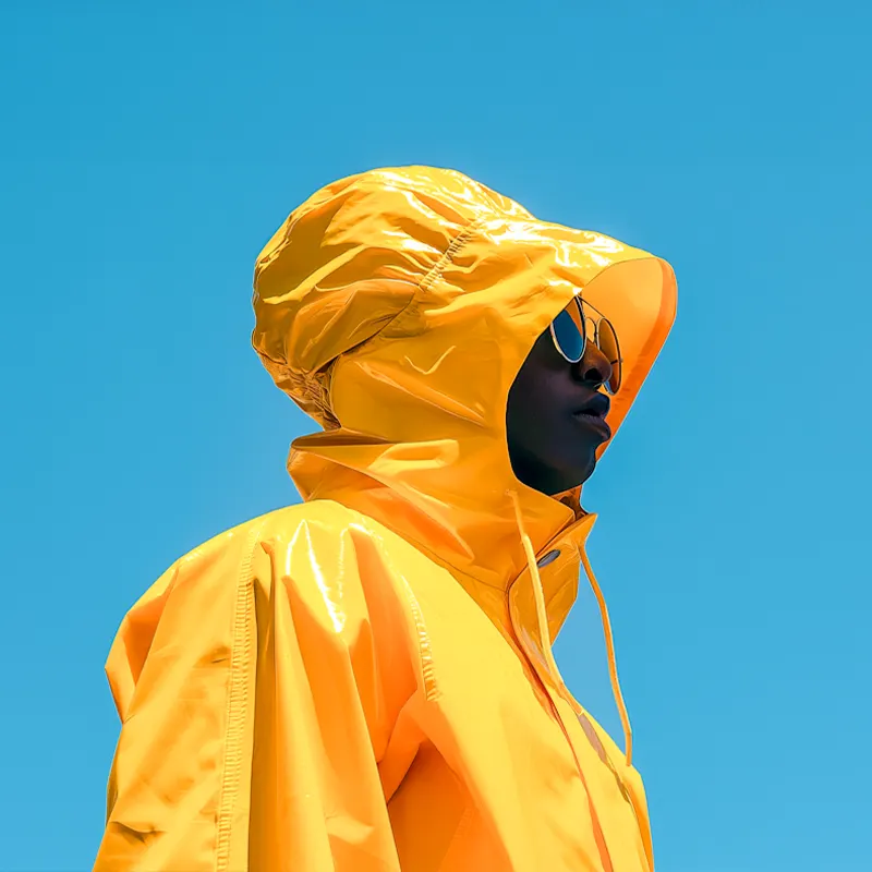 Person in a bright yellow protective suit with hood and goggles.