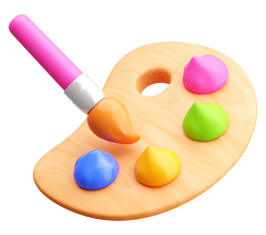 3D paint palette with colorful paints and brush.