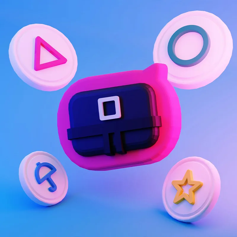 3D illustration of a button with pink and blue tones.