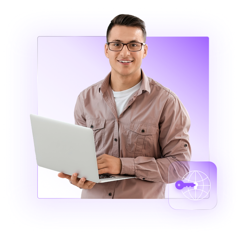 Smiling man wearing glasses and a brown shirt holding an open laptop against a purple gradient background with a globe and key icon.