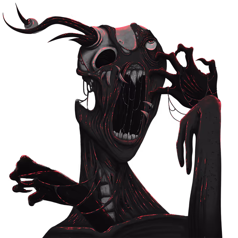 Dark, monstrous creature with hollow eyes, sharp teeth, and elongated claws emitting an eerie red glow.