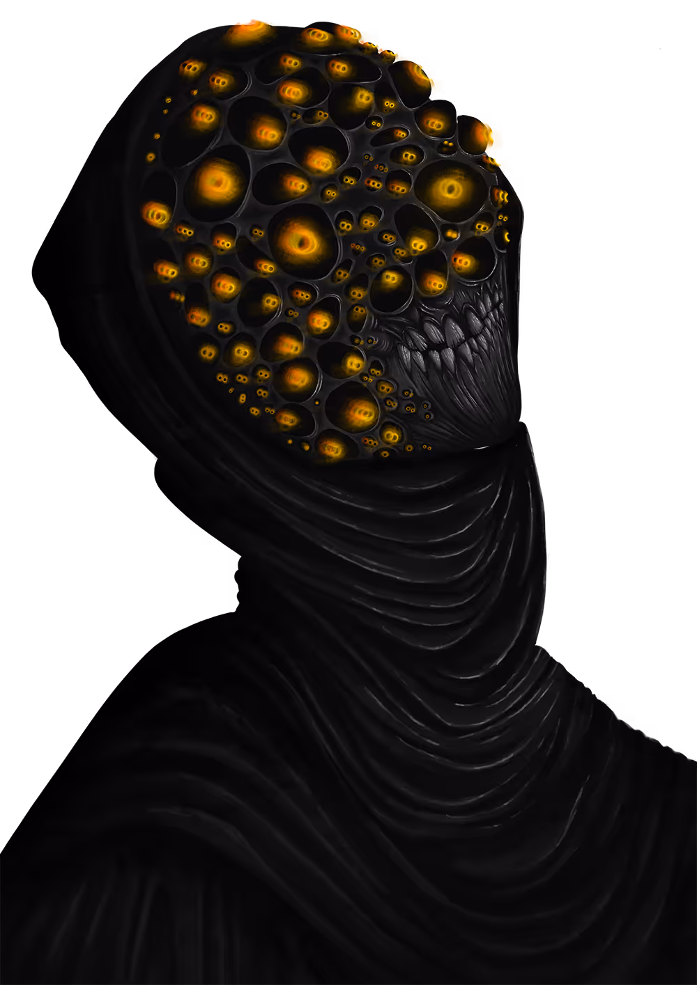 Dark hooded figure with multiple glowing orange eyes covering its face and a stitched mouth.
