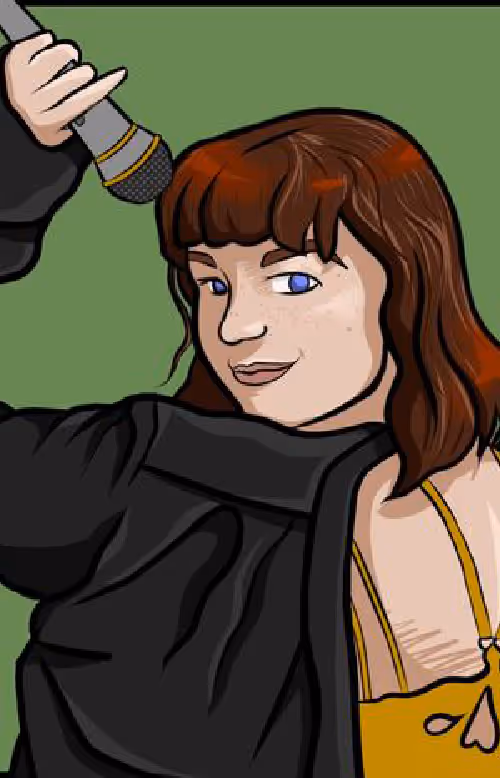 Drawing of Lyssa Jay holding a microphone and wearing a yellow dress with a black jacket draped over her shoulders.