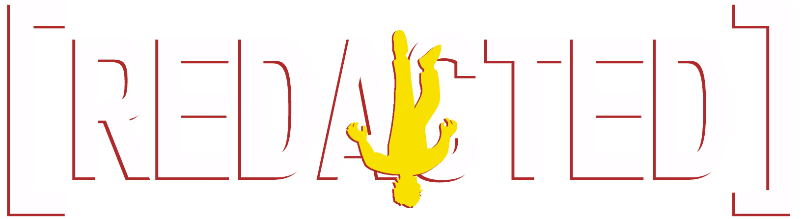 The word REDACTED in stylized red outline letters with a yellow upside-down human silhouette in place of the letter A.