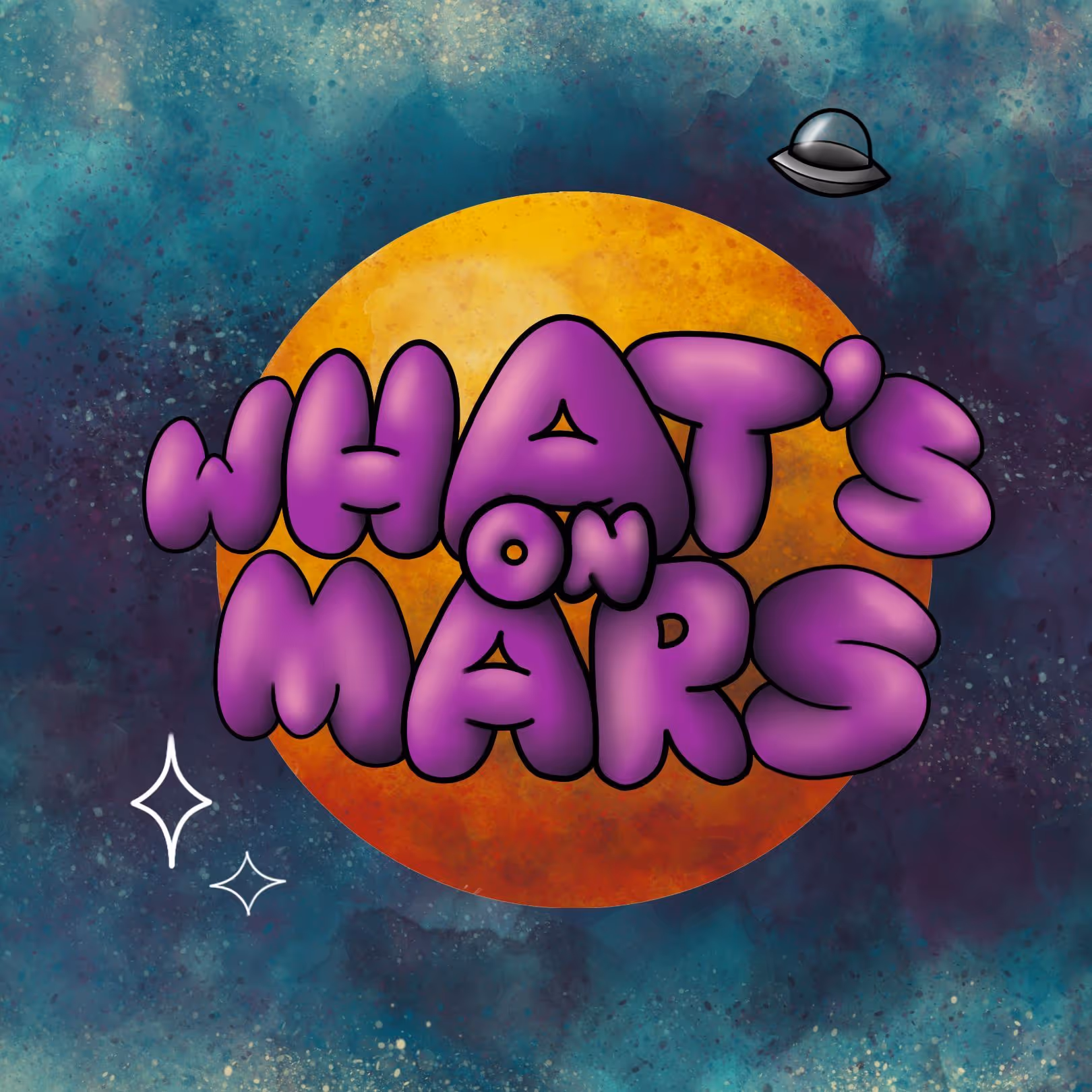 Illustration of planet Mars with purple bubble letters saying 'WHAT'S ON MARS' against a starry space background with a small UFO and twinkling stars.