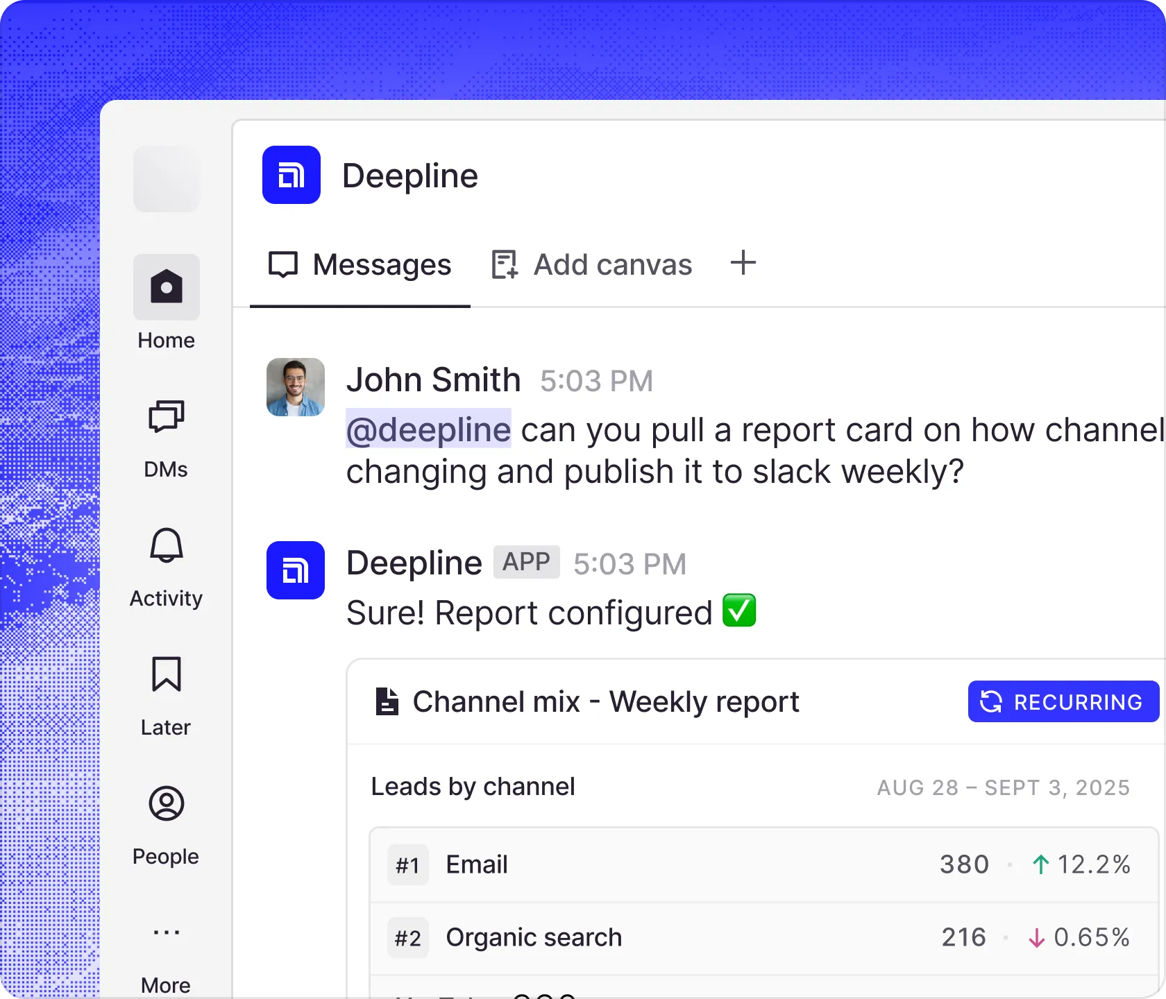 Chat interface showing John Smith asking Deepline app to pull a weekly report on channel changes, with Deepline confirming report configured and displaying lead stats for Email and Organic search channels.