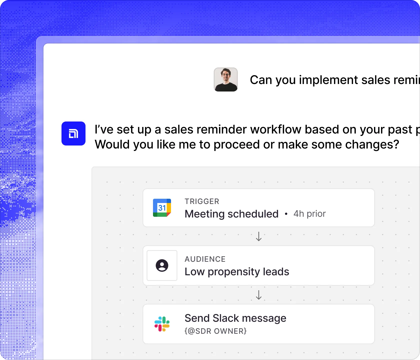 Chat between a user and AI about setting up a sales reminder workflow triggered by a meeting scheduled 4 hours prior, targeting low propensity leads, with a Slack message sent to the SDR owner.