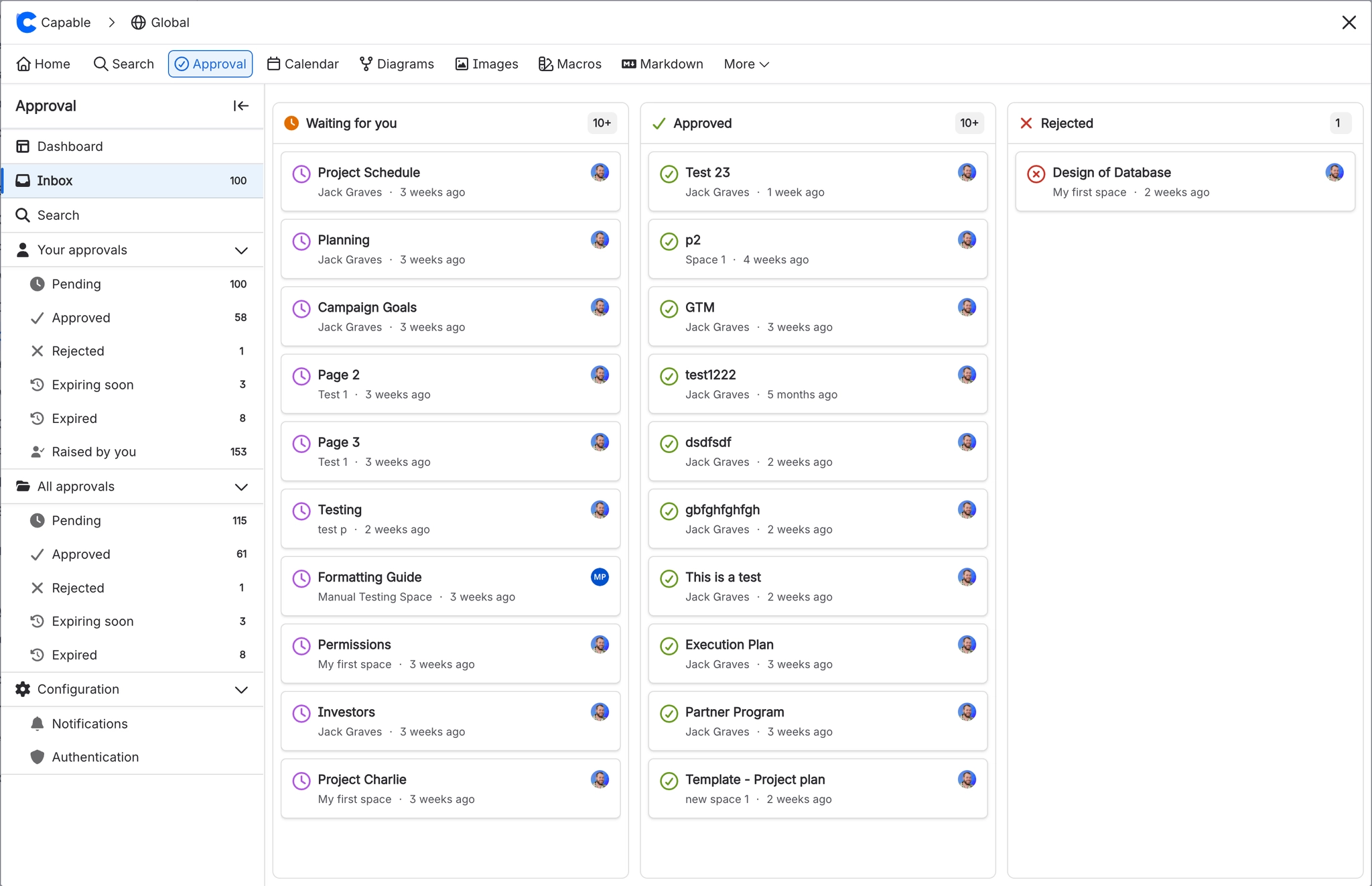 The Capable Approval Inbox showing three columns: Waiting for you, Approved, and Rejected