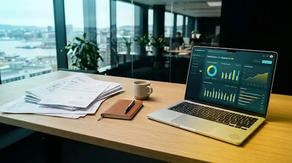 An office desk with a paper stack and a laptop showing a sales dashboard, illustrating risk-free AI transformation.