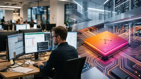 Developer at a PC next to a glowing AI microchip, symbolizing the shift from answering questions to active problem-solving.