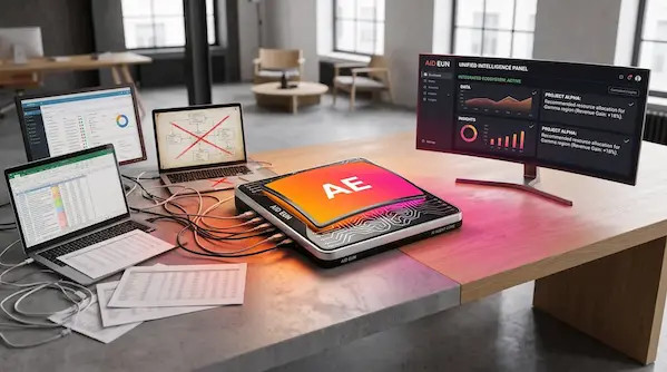 An AE hub connected to monitors with messy spreadsheets, showing the challenges of AI adoption without clean data.