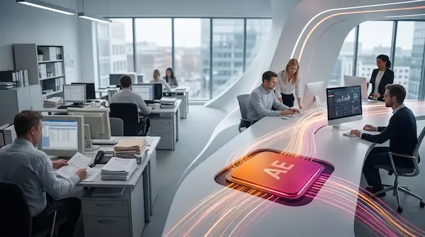 An office split in two, showing manual routines on the left being outpaced by a fast, AI-driven workspace on the right.