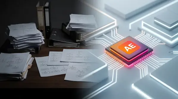 Stacked analog paper flowcharts transforming into a modern, integrated AI circuit board, visualizing workflow redesign.