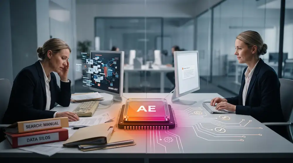 A split desk showing manual search frustration on the left, and efficient, proactive AidEun AI action on the right.