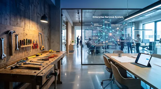 A toolbox with manual tools transforming into an intelligent, connected AI ecosystem across business systems.