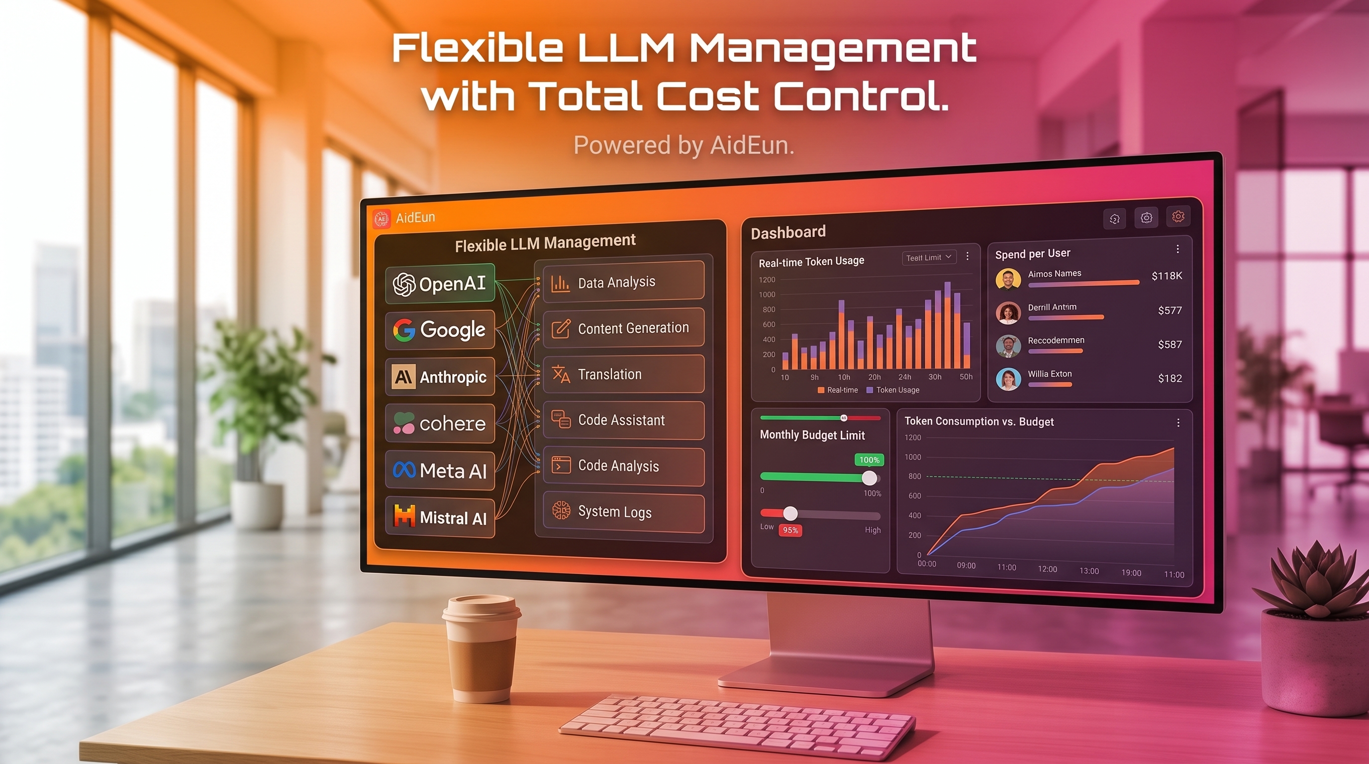 Video thumbnail showing flexible integration of major AI models managed with a real-time cost and budget dashboard.