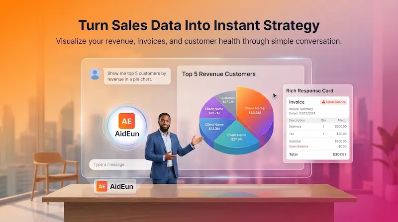 Video thumbnail of a sales manager using conversational AI to instantly generate revenue charts and view open invoice cards.