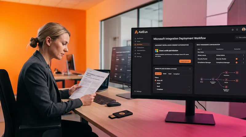A professional reviewing an Enterprise Compliance Policy and Microsoft Integration Deployment step-by-step on a computer monitor.