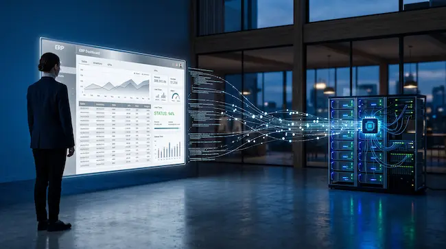 Businesswoman observes a large data dashboard linked to an active, glowing server rack in a modern high-rise.