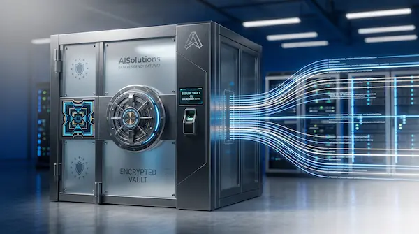 "Encrypted Vault" med AISolutions-logo, koblet til serverracker med lysende datalinjer.