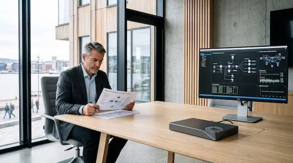 An executive reviews technical architecture schematics at a desk with a monitor showing a network diagram.