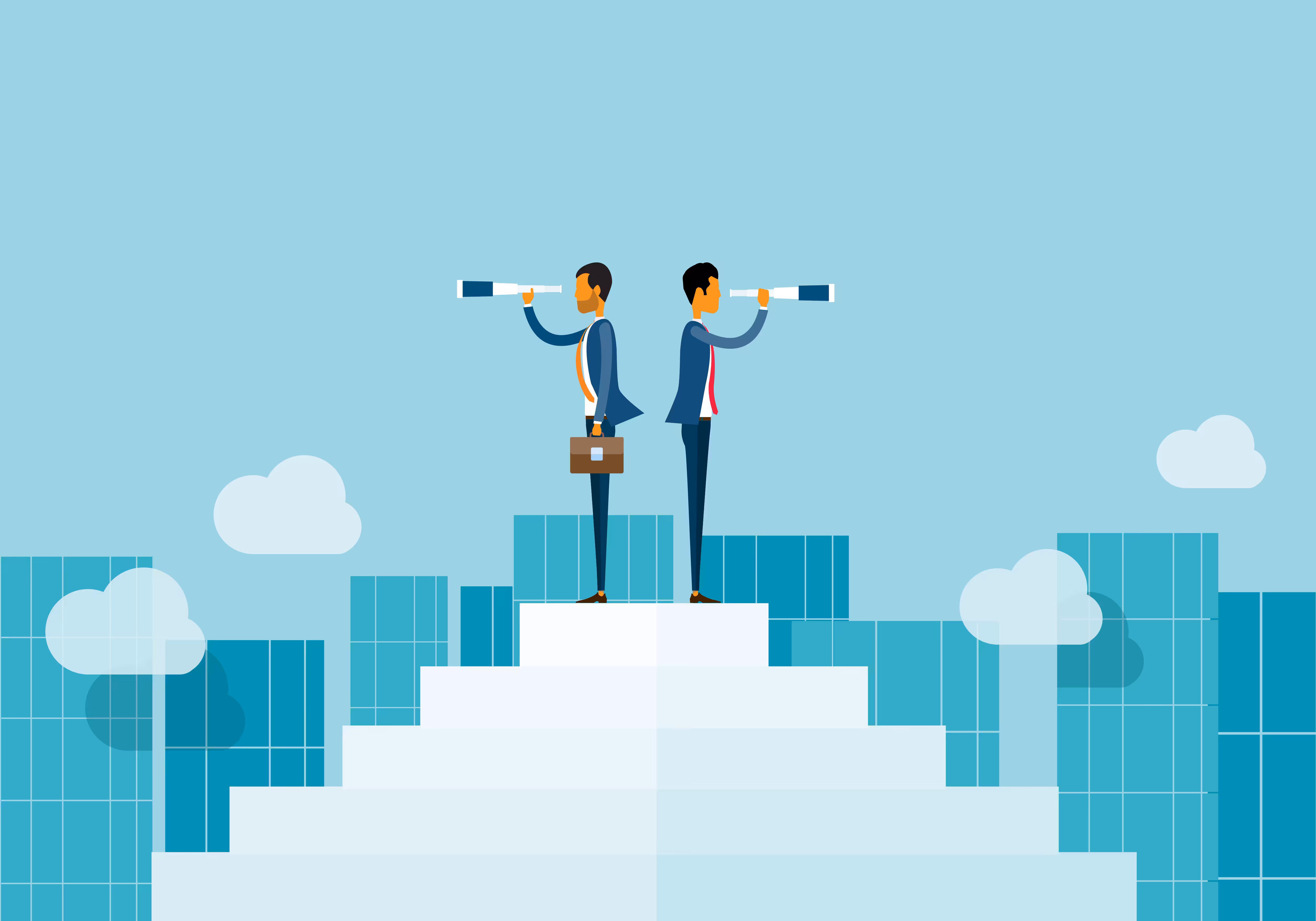 Zwei Geschäftsmänner stehen Rücken an Rücken auf einer Stufenplattform und schauen durch Fernrohre in entgegengesetzte Richtungen vor einer Stadtkulisse.