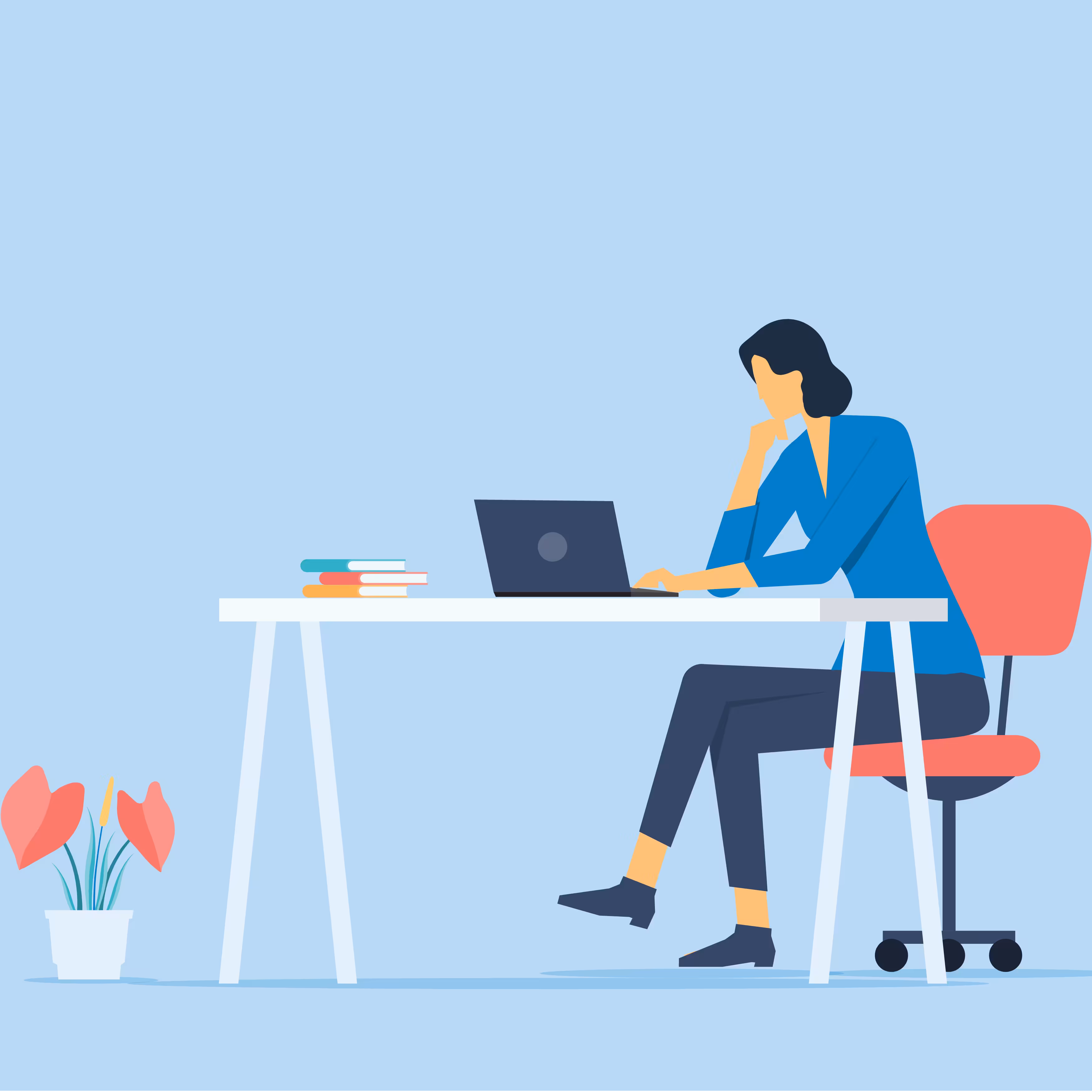 Frau sitzt am Tisch und arbeitet nachdenklich an einem Laptop, mit Büchern und einer Pflanze daneben.