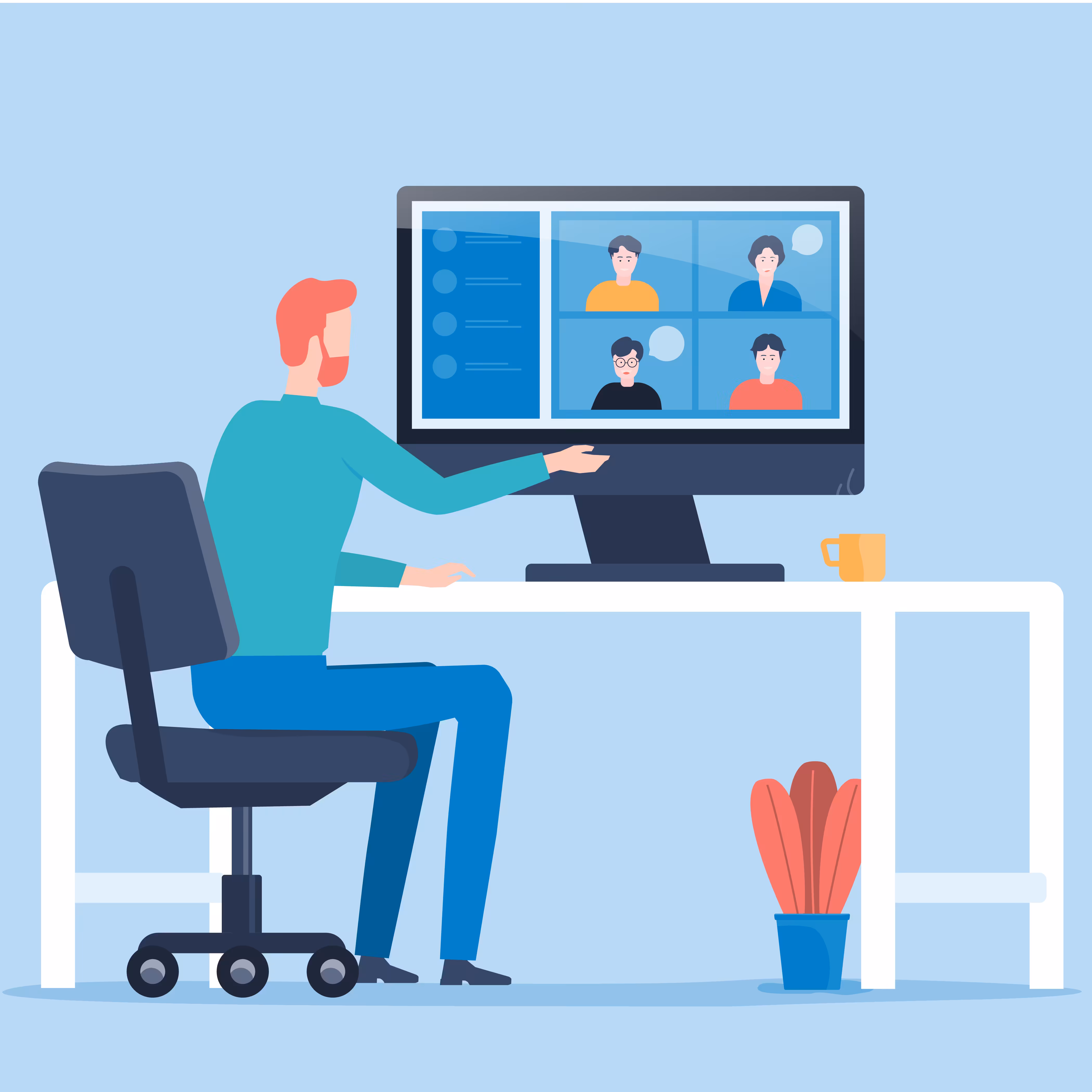 Ein Mann sitzt an einem Schreibtisch und nimmt an einem Videokonferenz-Meeting mit vier Personen auf einem Bildschirm teil.