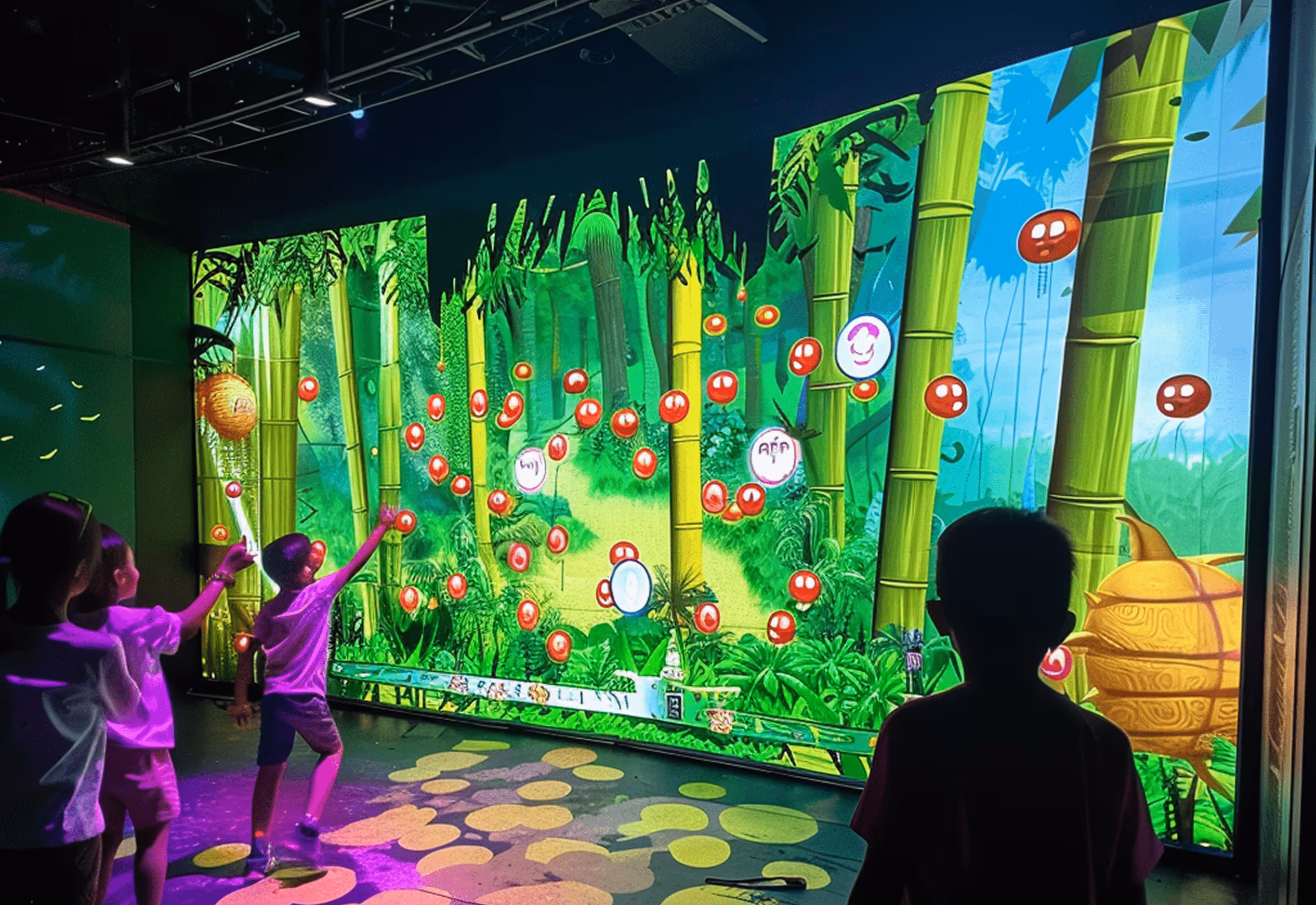 Animated jungle environment with glowing magical elements and purple lighting