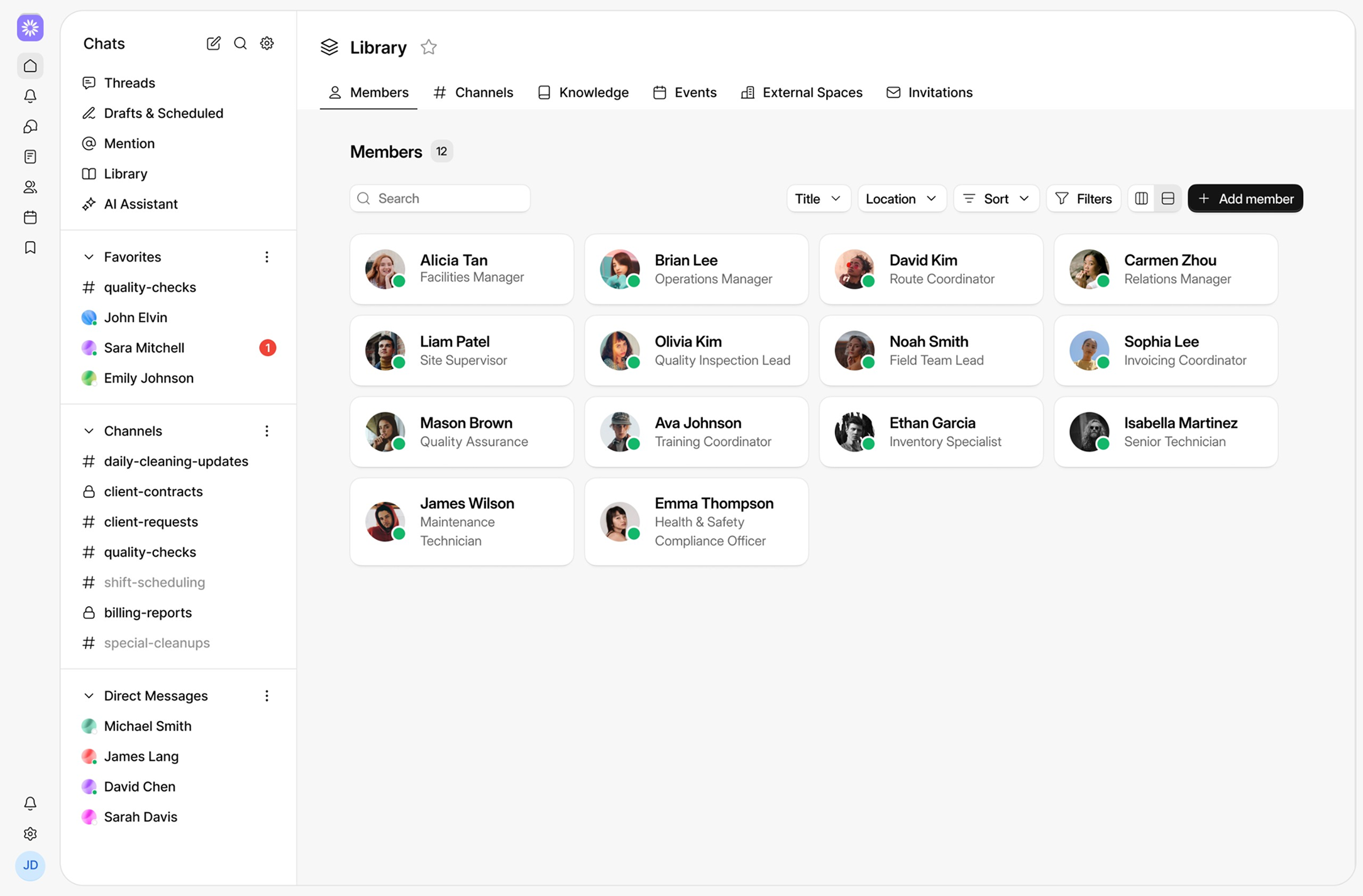 Library tab showing 12 active members with their names, roles, and profile pictures in a workspace app interface.