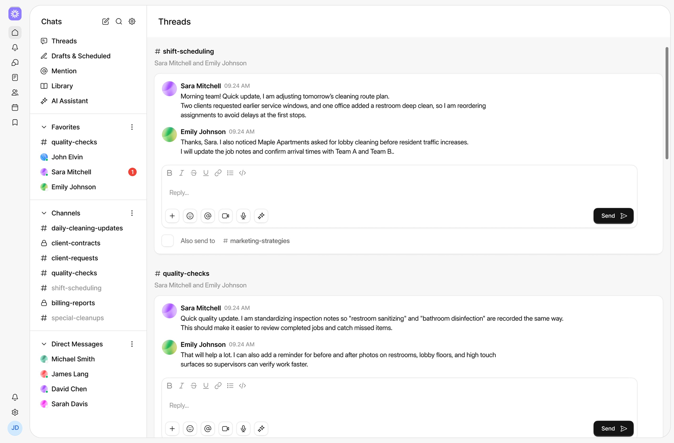 Messaging app interface showing threads about shift-scheduling and quality-checks with messages from Sara Mitchell and Emily Johnson.