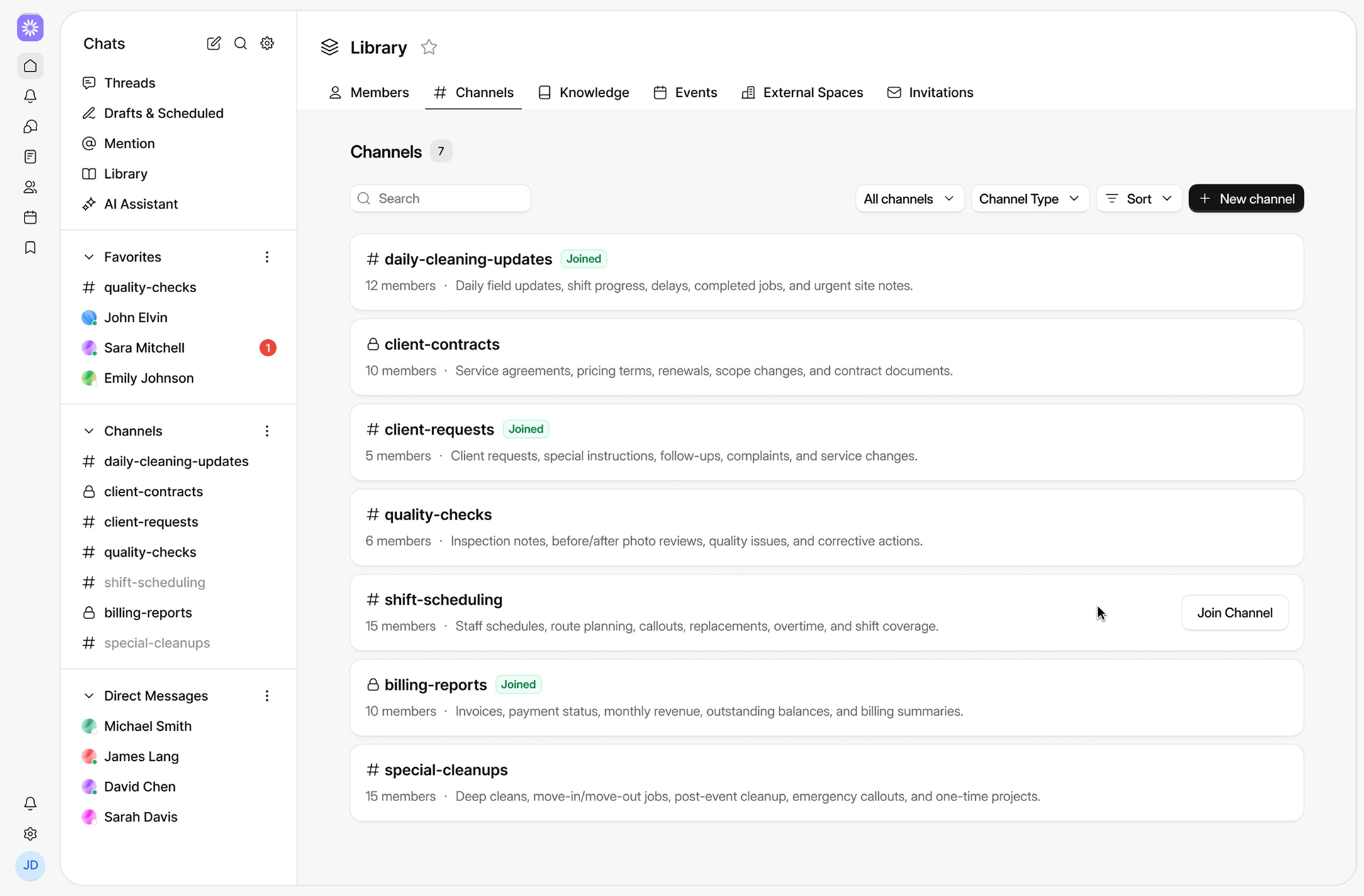 Workspace interface showing Library tab with Channels section listing daily-cleaning-updates, client-contracts, client-requests, quality-checks, shift-scheduling, billing-reports, and special-cleanups.