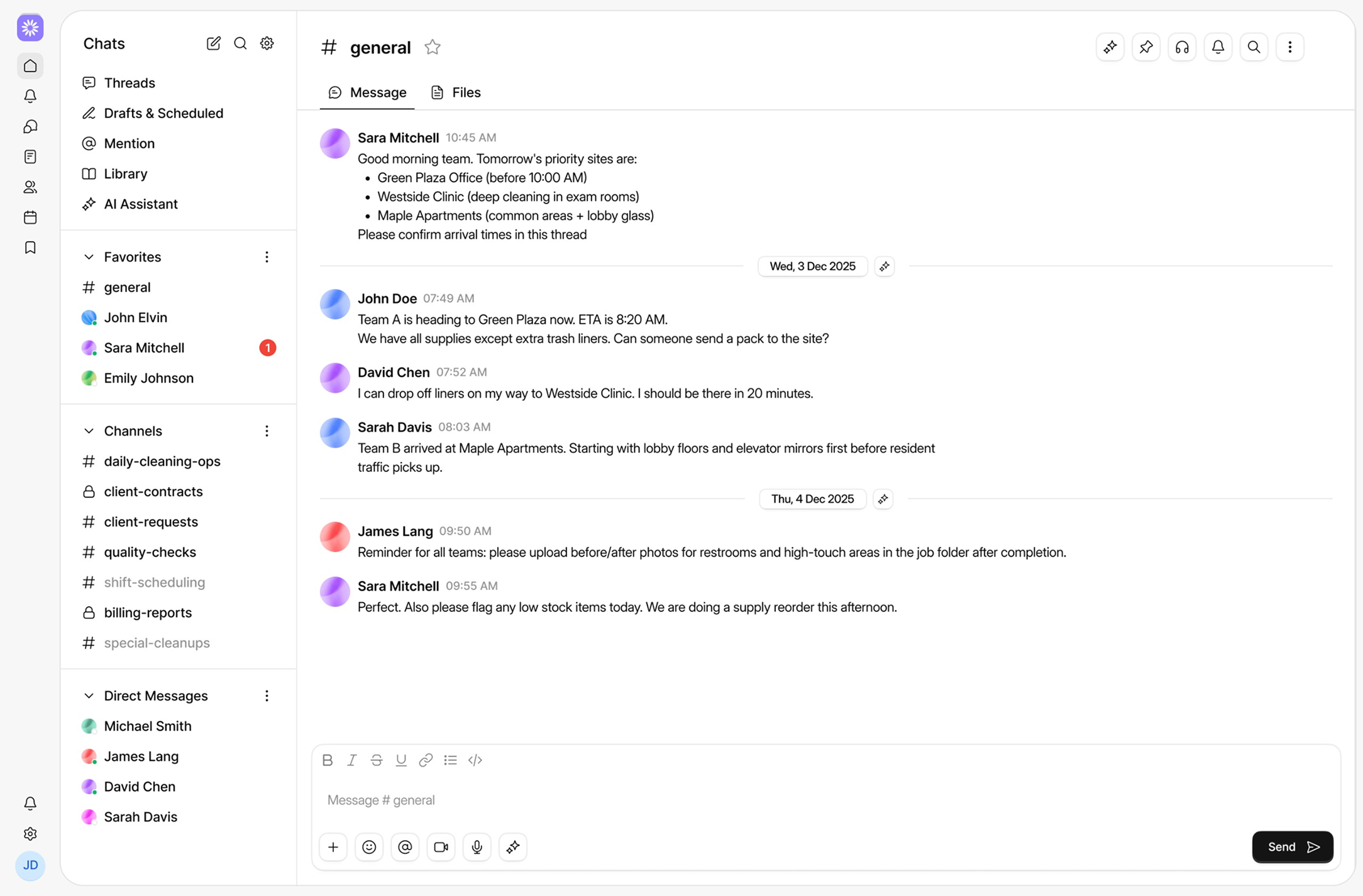 Chat interface showing a conversation in the #general channel with messages about cleaning schedules and supply updates for Green Plaza Office, Westside Clinic, and Maple Apartments on December 3 and 4, 2025.