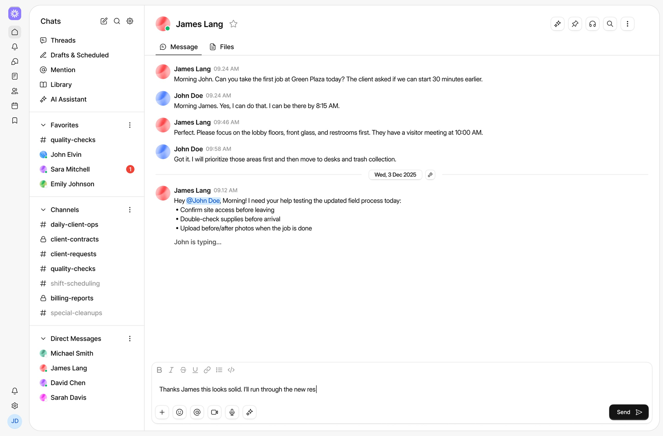 Chat interface showing conversation between James Lang and John Doe about job tasks, scheduling, and field process updates, with sidebar navigation including chats, threads, AI assistant, favorites, channels, and direct messages.