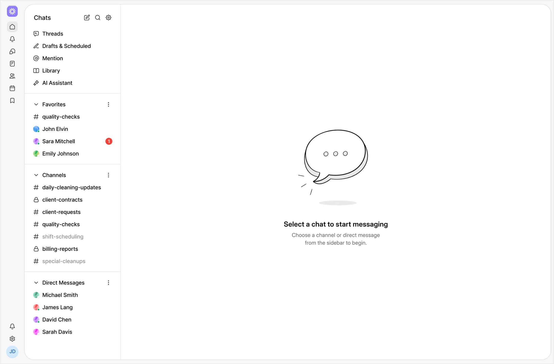 Chat interface with sidebar showing Favorites, Channels, and Direct Messages, and a central prompt to select a chat to start messaging.