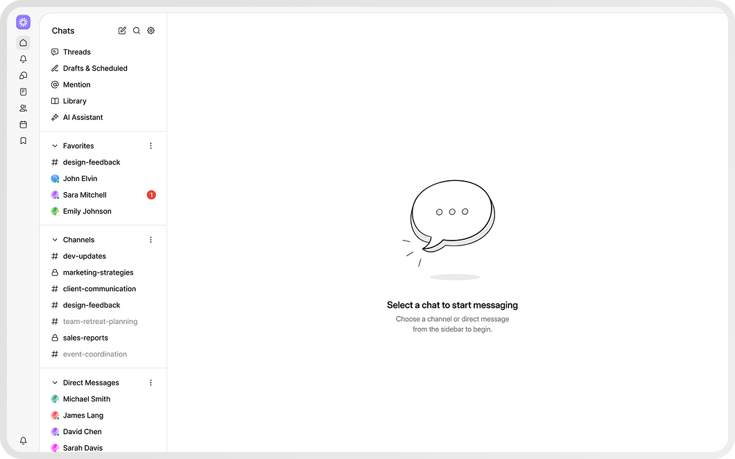 Chat application interface with sidebar showing favorites, channels, and direct messages, and a central prompt to select a chat to start messaging.
