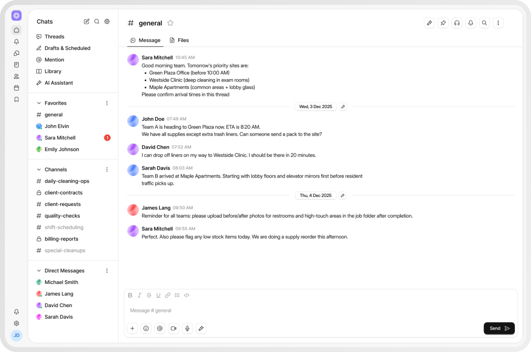 Chat interface showing a general channel with messages coordinating cleaning tasks and schedules at different locations, with a sidebar listing threads, favorites, channels, and direct messages.