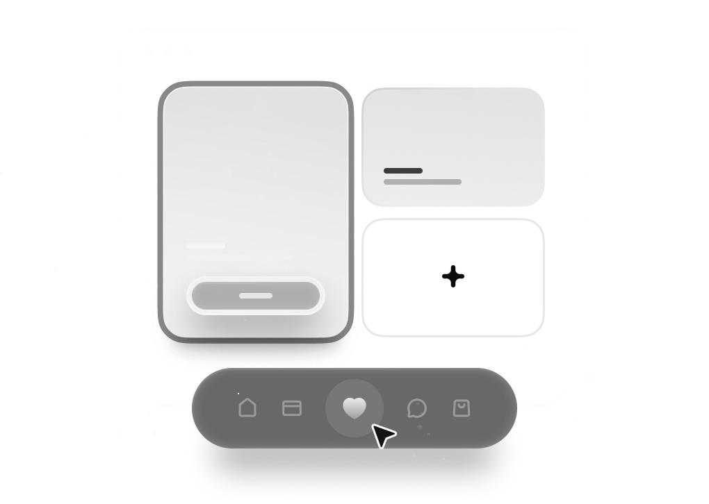 User interface layout showing a browser window with a large rectangular card, two smaller cards, and a dark navigation bar with icons including a heart icon clicked by a cursor.