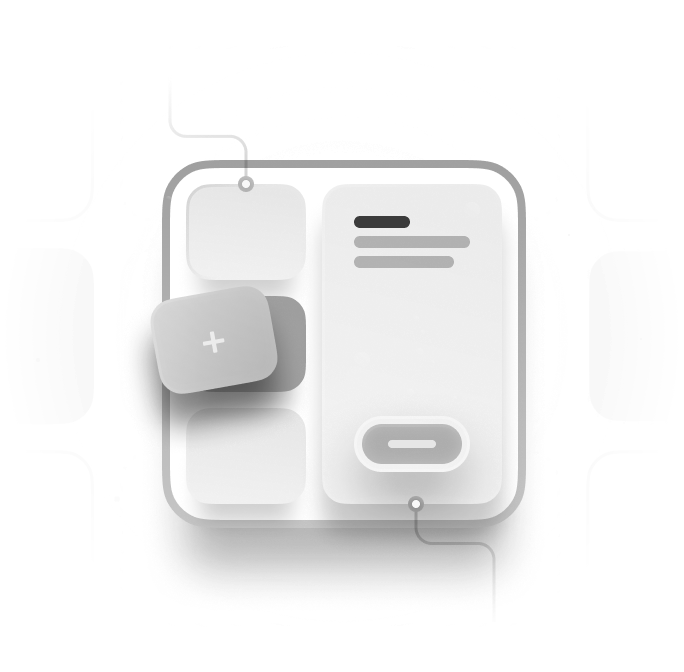 Diagram of a user interface layout showing grid with a plus button, text lines, and a rounded rectangular button.