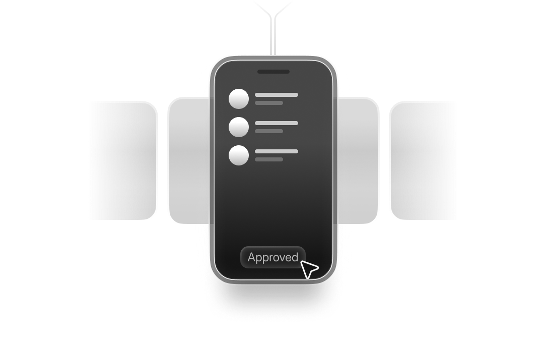 Illustration of a smartphone with a list of three items and a cursor clicking on an 'Approved' button on the screen.