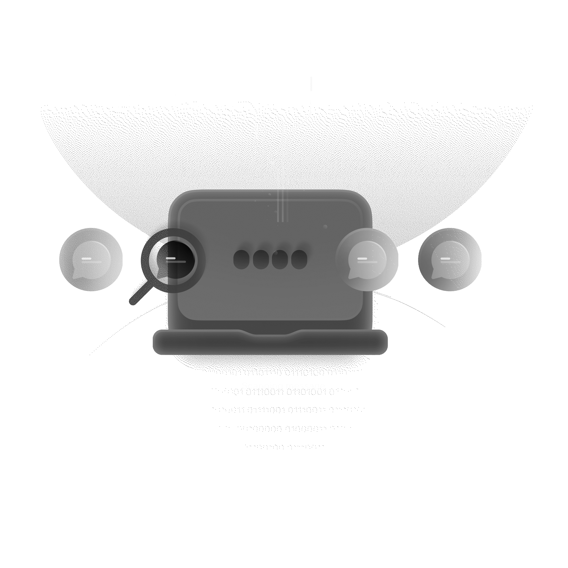 A laptop illustration with magnifying glass scanning chat message bubbles, indicating message scanning process.
