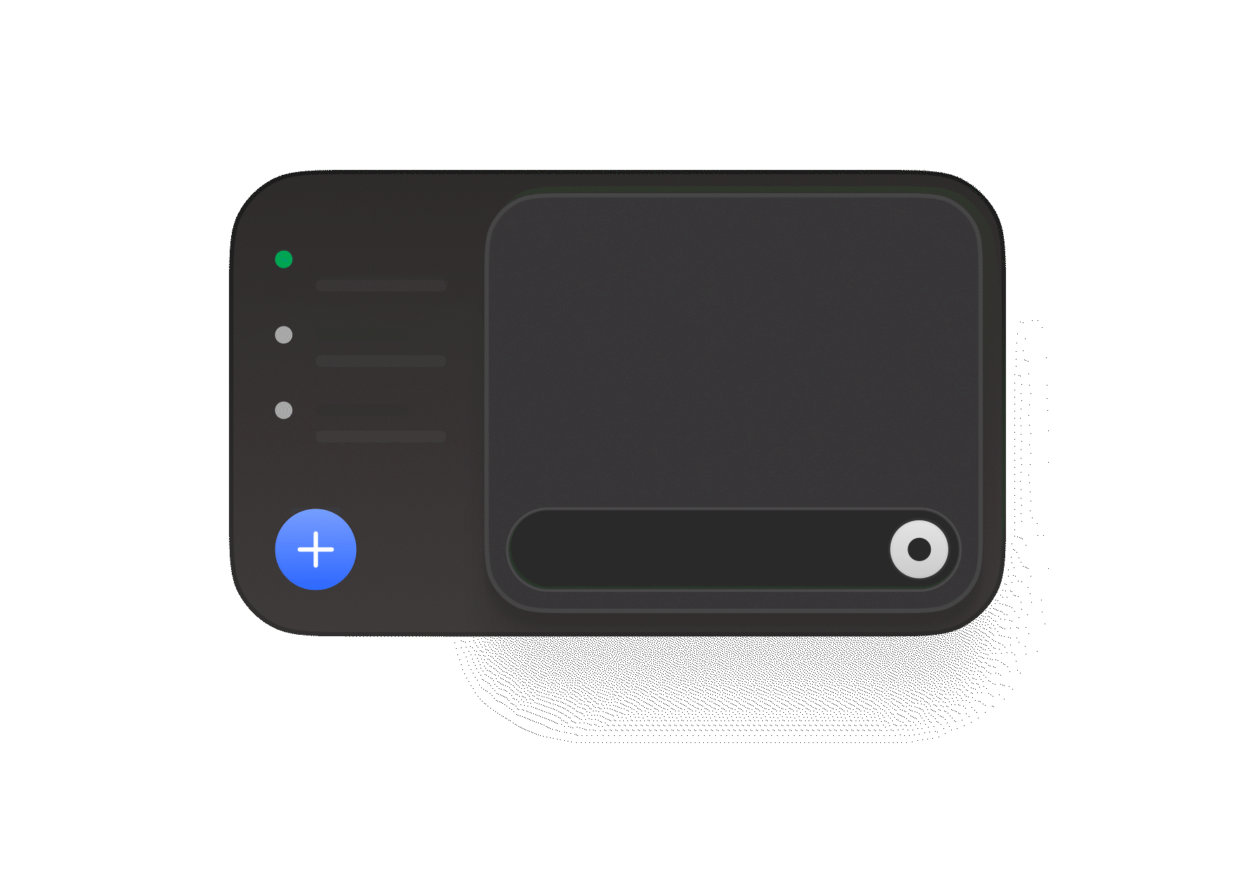 Animated dark-themed chat interface with a blue plus button, message list, and message input area.