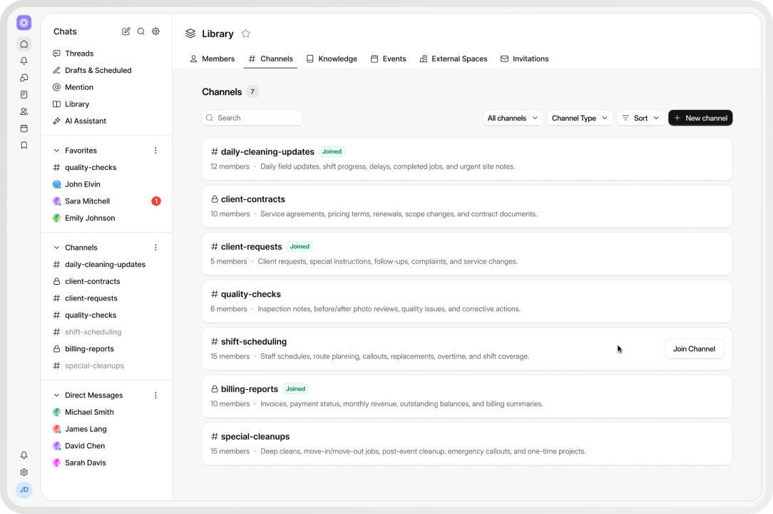 Project management app interface showing a library of channels with members, topics like daily-cleaning-updates, client-contracts, quality-checks, and billing-reports, plus side menus with chats, favorites, and direct messages.