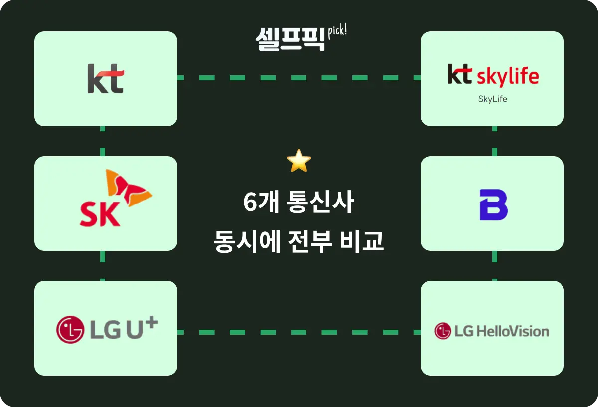 6개 통신사의 인터넷상품을 동시에 비교할 수 있다는 점을 설명하는 구조도 - 셀프픽