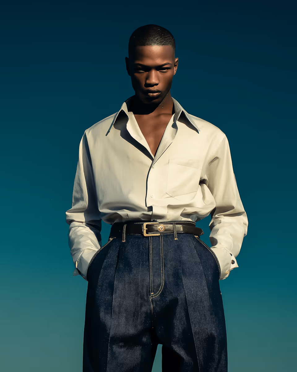 Stylish man wearing a cream-colored shirt tucked into high-waisted dark jeans with a black belt, standing against a deep teal background.